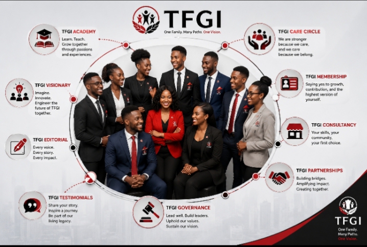TFGI community showcasing members connected through opportunities, leadership, financial empowerment, learning, and collaboration.